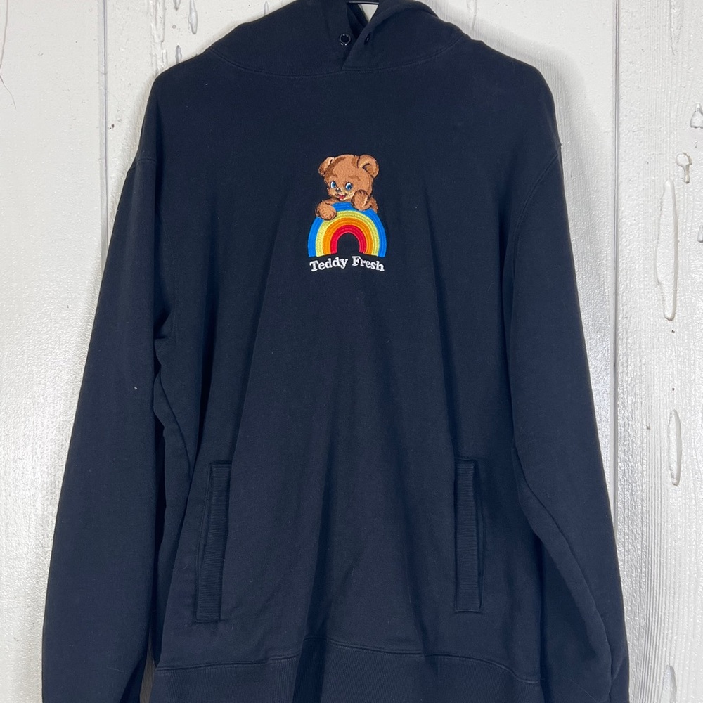 Teddy Fresh Black Hoodie LARGE with Rainbow Bear